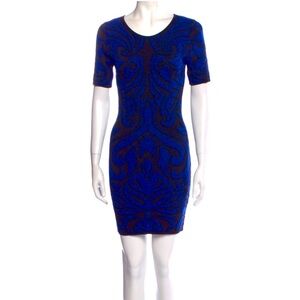 Torn by Ronny Kobo stretchy knit fitted dress, short sleeve, black/blue, size M